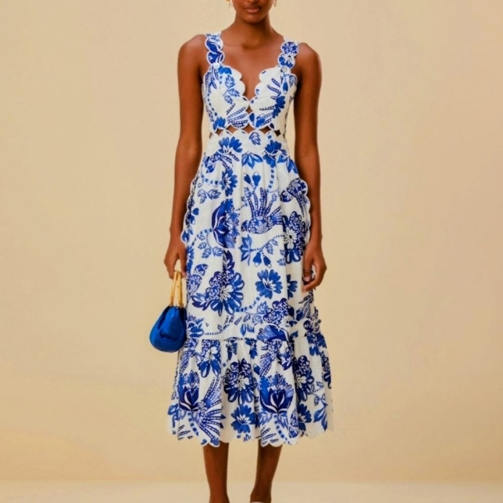 Blue & White Floral Scalloped Midi Dress